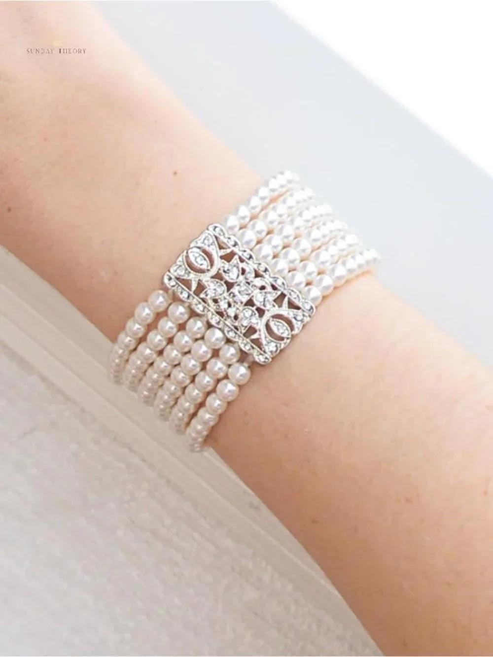 Vintage Ivory Pearl Crystal Stretch Cuff Bracelet 6-7